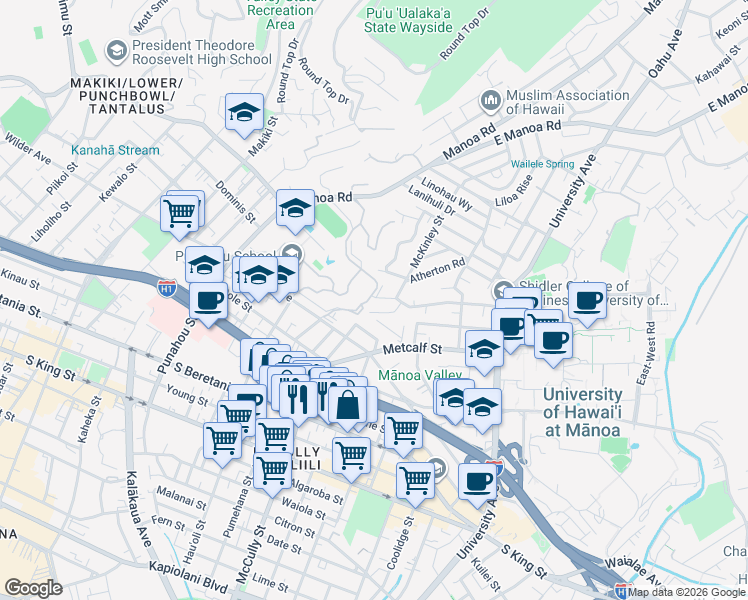map of restaurants, bars, coffee shops, grocery stores, and more near Piper's Pali in Honolulu