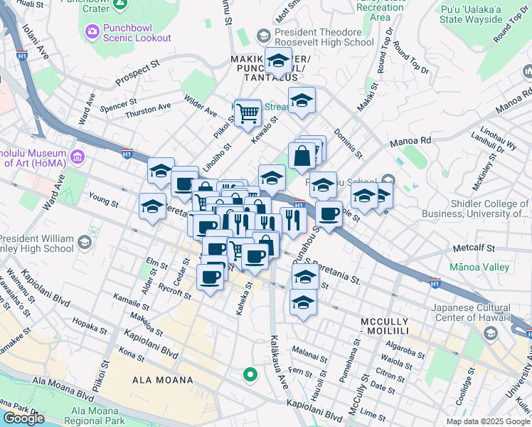 map of restaurants, bars, coffee shops, grocery stores, and more near 1448 Lunalilo Street in Honolulu