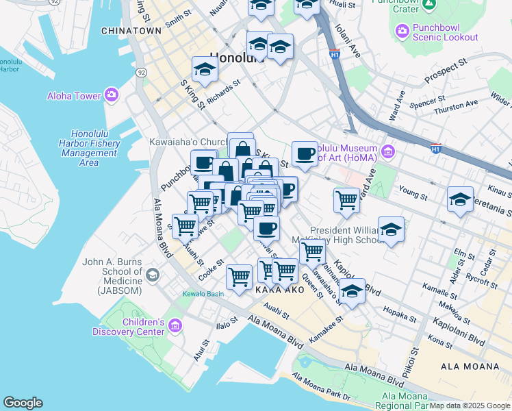 map of restaurants, bars, coffee shops, grocery stores, and more near 729B Emily Street in Honolulu
