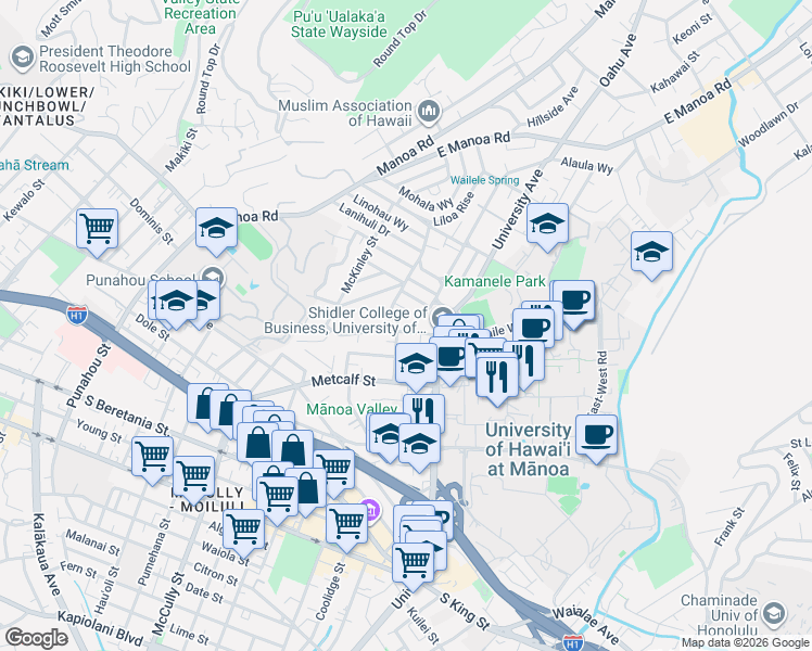 map of restaurants, bars, coffee shops, grocery stores, and more near 1911 Hunnewell Street in Honolulu