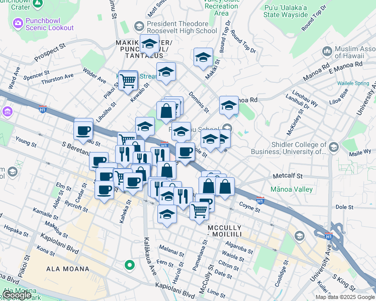 map of restaurants, bars, coffee shops, grocery stores, and more near 1603 Dole Street in Honolulu