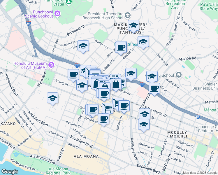 map of restaurants, bars, coffee shops, grocery stores, and more near 1321 Kinau Street in Honolulu