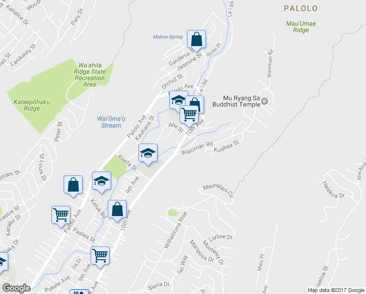 map of restaurants, bars, coffee shops, grocery stores, and more near 2311 10th Avenue Place in Honolulu
