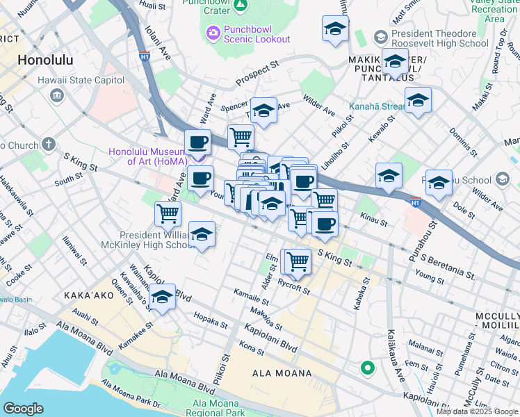 map of restaurants, bars, coffee shops, grocery stores, and more near 1115 South Beretania Street in Honolulu