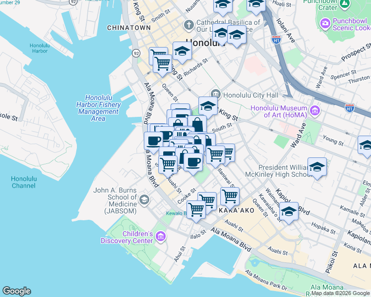 map of restaurants, bars, coffee shops, grocery stores, and more near 555 South Street in Honolulu