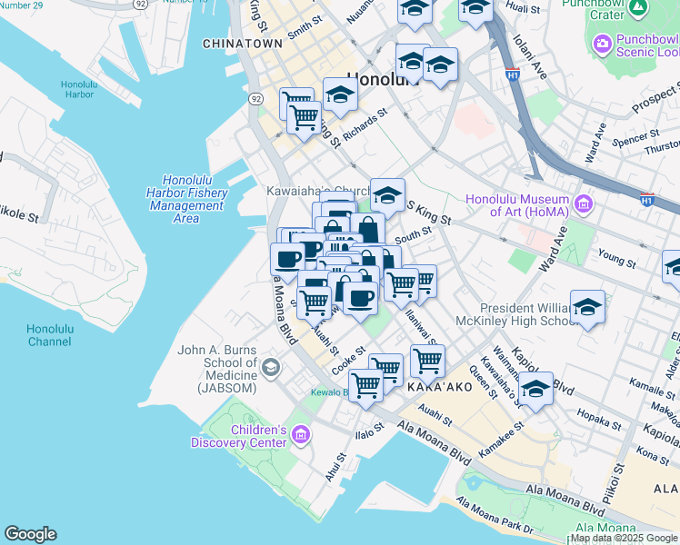 map of restaurants, bars, coffee shops, grocery stores, and more near 555 South Street in Honolulu