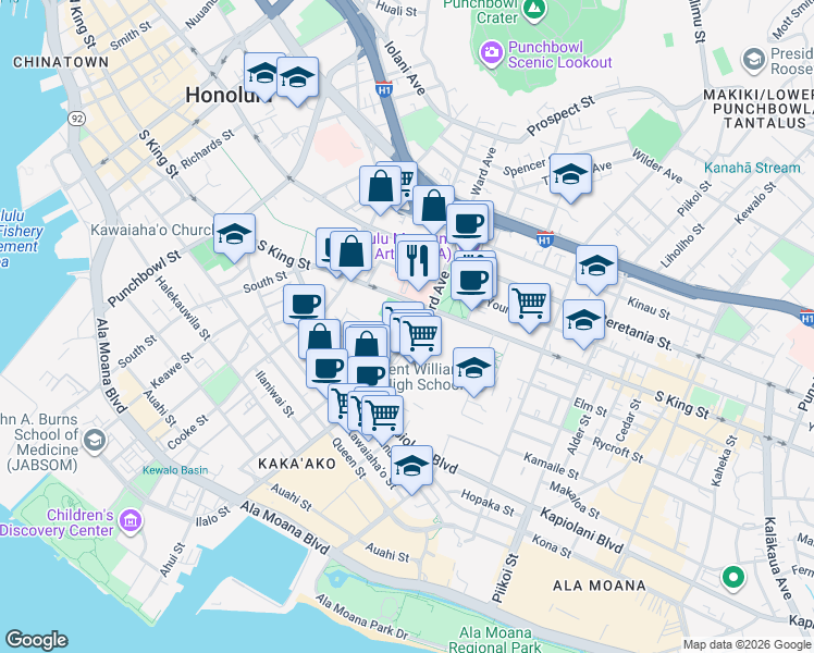 map of restaurants, bars, coffee shops, grocery stores, and more near 920 Ward Avenue in Honolulu