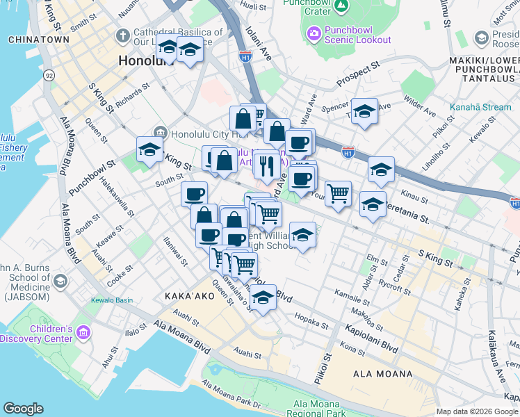 map of restaurants, bars, coffee shops, grocery stores, and more near 920 Ward Avenue in Honolulu