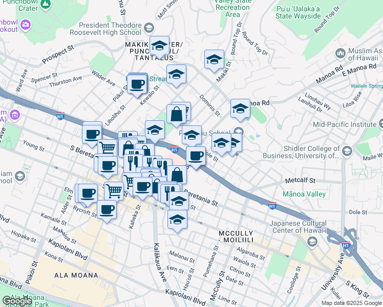 map of restaurants, bars, coffee shops, grocery stores, and more near 1402 Punahou Street in Honolulu