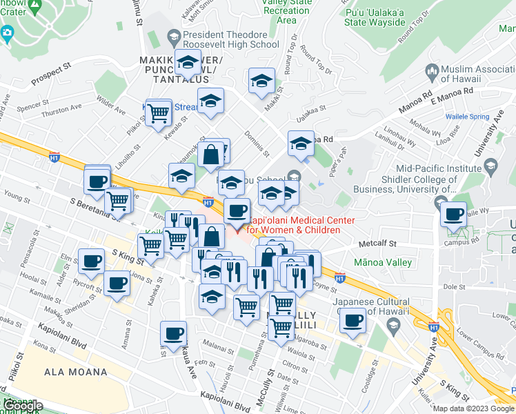 map of restaurants, bars, coffee shops, grocery stores, and more near 1523 Halekula Way in Honolulu