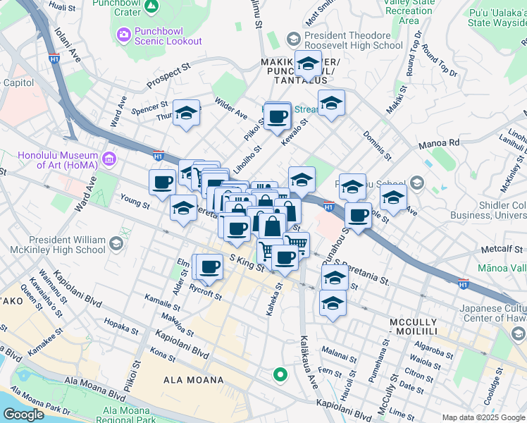 map of restaurants, bars, coffee shops, grocery stores, and more near 1333 Matlock Avenue in Honolulu