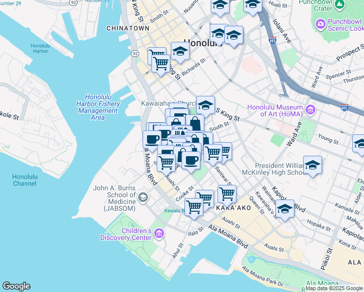 map of restaurants, bars, coffee shops, grocery stores, and more near 555 South Street in Honolulu