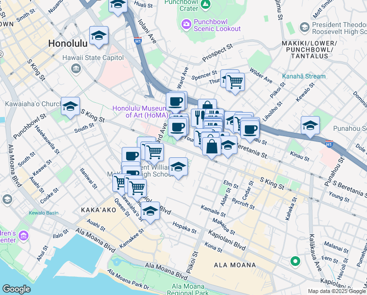 map of restaurants, bars, coffee shops, grocery stores, and more near 1026 S King St in Honolulu