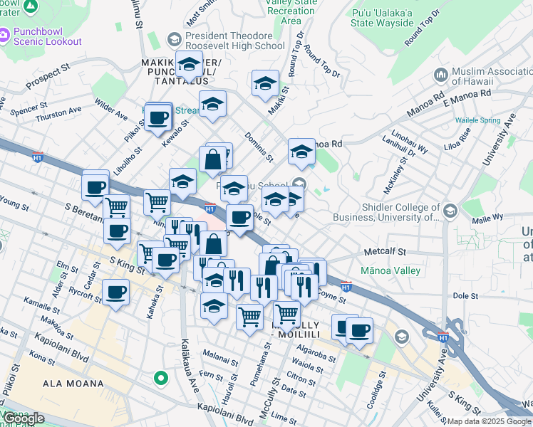 map of restaurants, bars, coffee shops, grocery stores, and more near 1523 Halekula Way in Honolulu