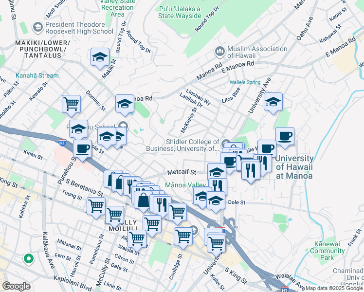 map of restaurants, bars, coffee shops, grocery stores, and more near 1924 Vancouver Drive in Honolulu