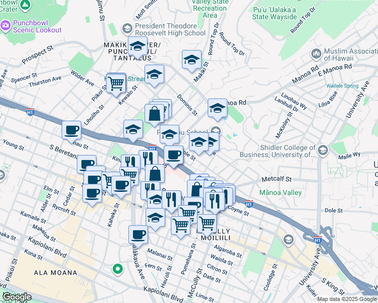 map of restaurants, bars, coffee shops, grocery stores, and more near 1523 Halekula Way in Honolulu