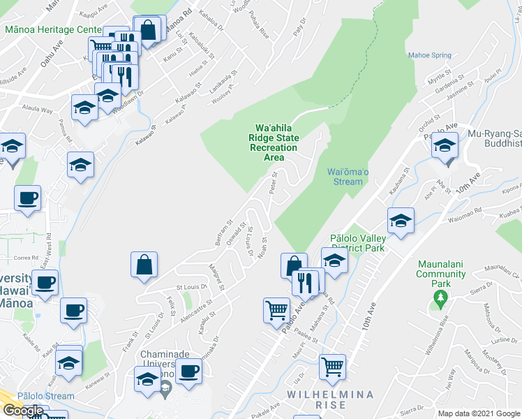 map of restaurants, bars, coffee shops, grocery stores, and more near 2464 Saint Louis Drive in Honolulu