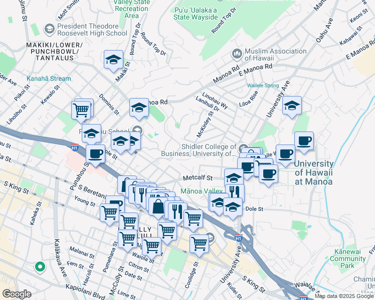 map of restaurants, bars, coffee shops, grocery stores, and more near 1828 Vancouver Drive in Honolulu