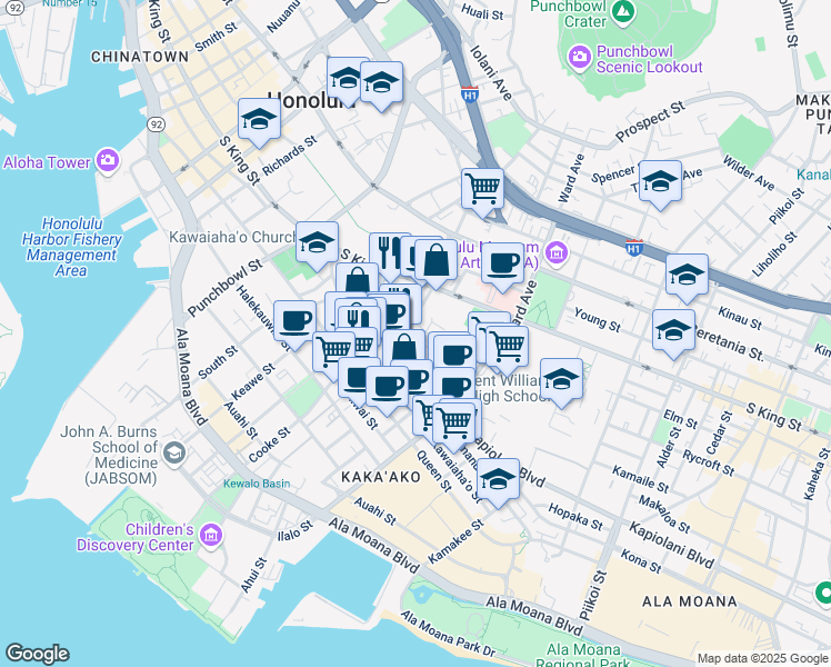map of restaurants, bars, coffee shops, grocery stores, and more near 720 Kapiolani Boulevard in Honolulu