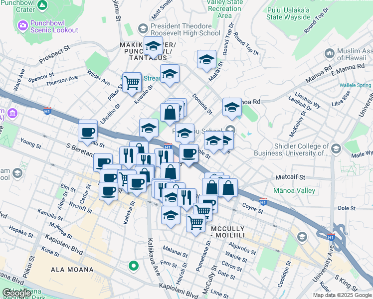 map of restaurants, bars, coffee shops, grocery stores, and more near 1603 Dole Street in Honolulu