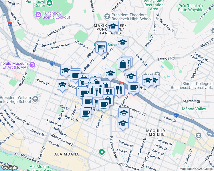 map of restaurants, bars, coffee shops, grocery stores, and more near 1448 Lunalilo Street in Honolulu