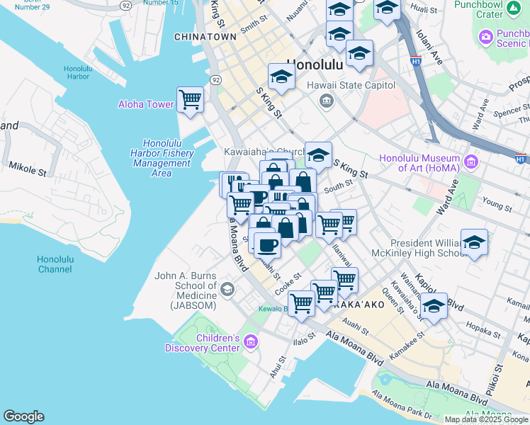 map of restaurants, bars, coffee shops, grocery stores, and more near 564 Pohukaina Street in Honolulu
