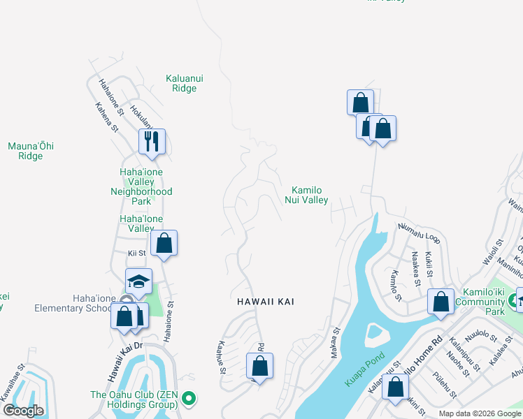 map of restaurants, bars, coffee shops, grocery stores, and more near 1059 Kamookoa Place in Honolulu