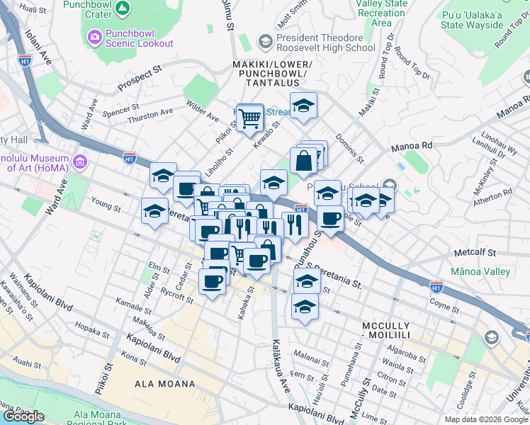 map of restaurants, bars, coffee shops, grocery stores, and more near 1448 Lunalilo Street in Honolulu