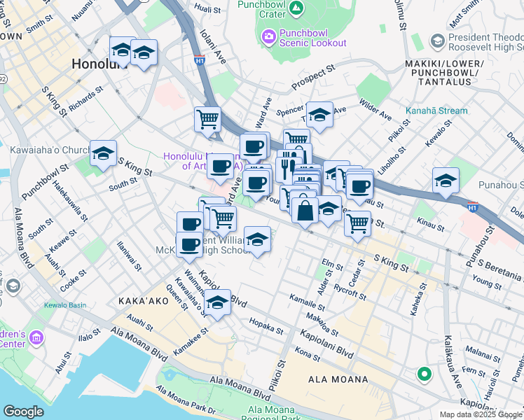 map of restaurants, bars, coffee shops, grocery stores, and more near 1026 South King Street in Honolulu