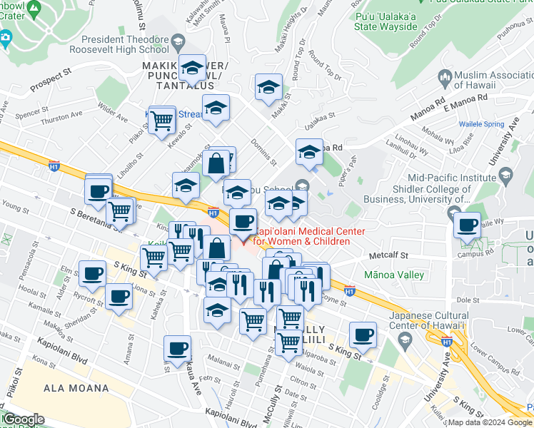 map of restaurants, bars, coffee shops, grocery stores, and more near 1523 Halekula Way in Honolulu