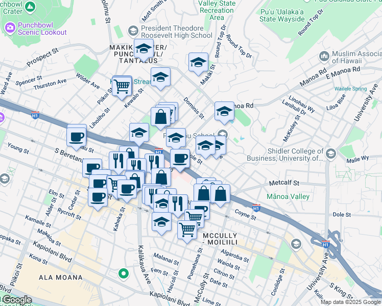 map of restaurants, bars, coffee shops, grocery stores, and more near 1603 Dole Street in Honolulu