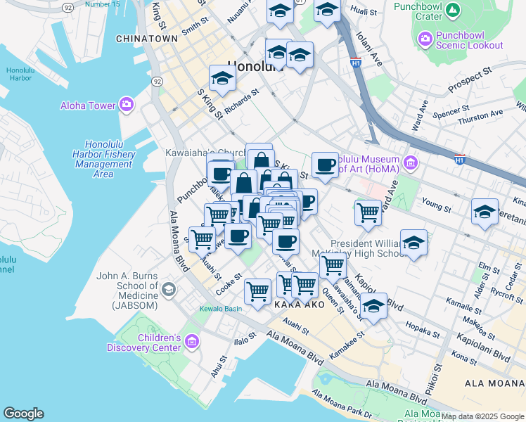 map of restaurants, bars, coffee shops, grocery stores, and more near 1203 Keawe Street in Honolulu