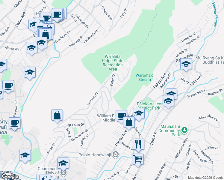 map of restaurants, bars, coffee shops, grocery stores, and more near 2464 Saint Louis Drive in Honolulu