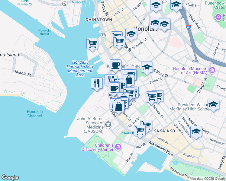 map of restaurants, bars, coffee shops, grocery stores, and more near 500 Ala Moana Boulevard in Honolulu