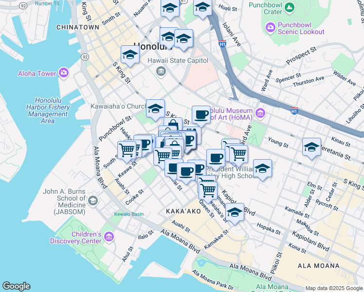 map of restaurants, bars, coffee shops, grocery stores, and more near 725 Kapiolani Boulevard in Honolulu