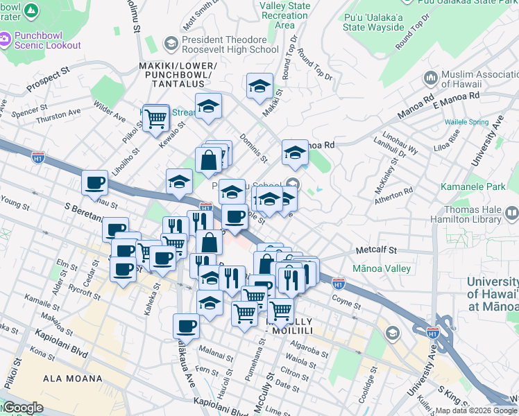 map of restaurants, bars, coffee shops, grocery stores, and more near 1523 Halekula Way in Honolulu