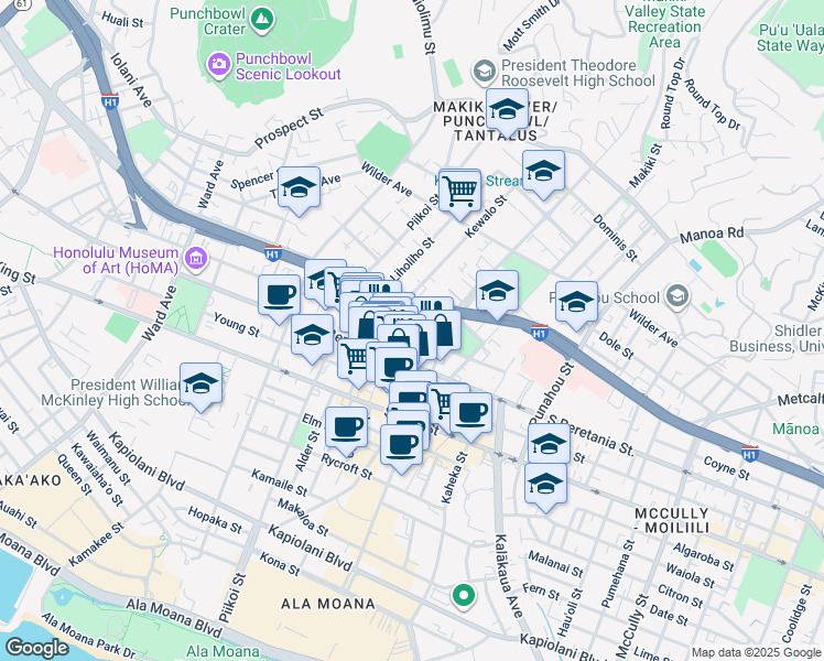 map of restaurants, bars, coffee shops, grocery stores, and more near 1321 Kinau Street in Honolulu