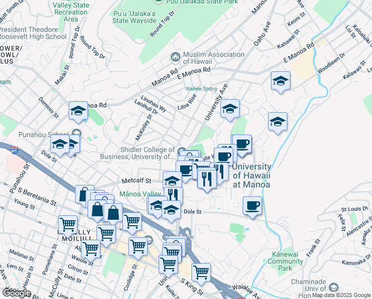 map of restaurants, bars, coffee shops, grocery stores, and more near University Avenue & Maile Way in Honolulu