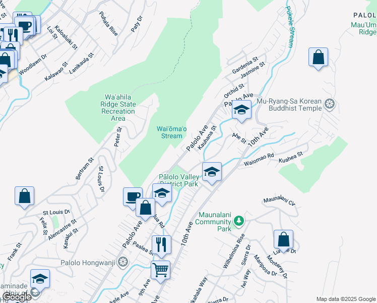 map of restaurants, bars, coffee shops, grocery stores, and more near 2151 Kauhana Street in Honolulu