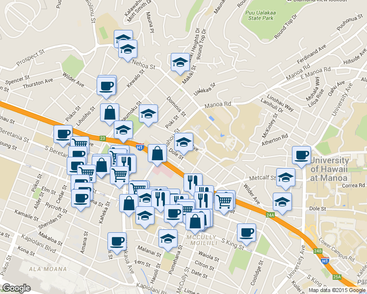 map of restaurants, bars, coffee shops, grocery stores, and more near 1523 Halekula Way in Honolulu