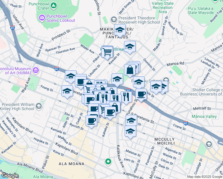 map of restaurants, bars, coffee shops, grocery stores, and more near 1448 Lunalilo Street in Honolulu