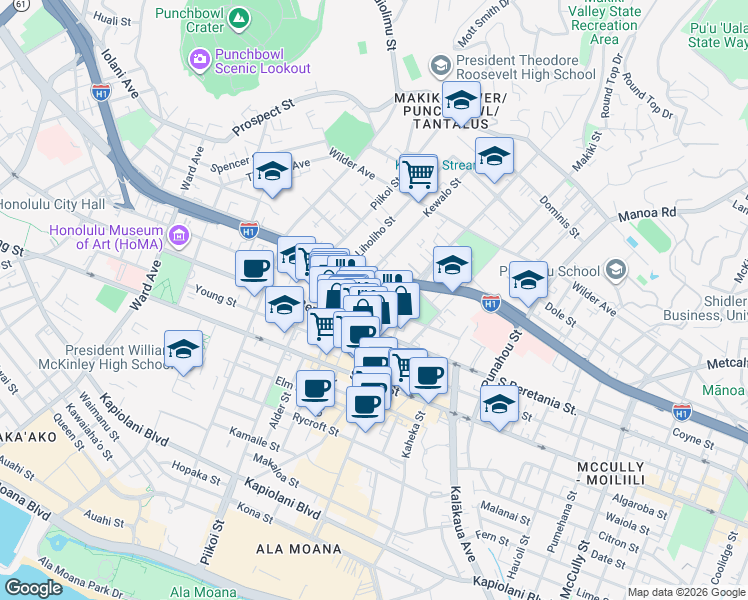 map of restaurants, bars, coffee shops, grocery stores, and more near 1321 Kinau Street in Honolulu