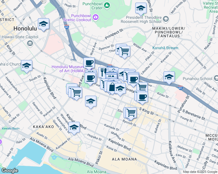 map of restaurants, bars, coffee shops, grocery stores, and more near 1061 Young Street in Honolulu