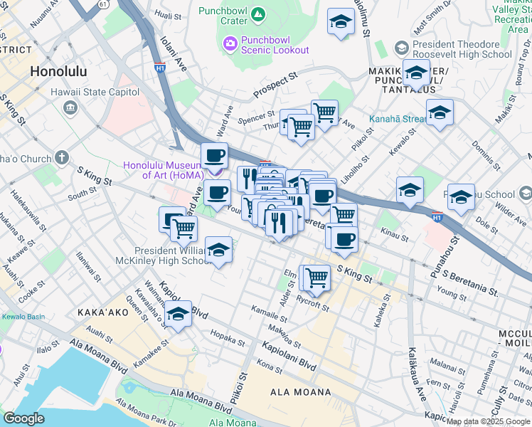 map of restaurants, bars, coffee shops, grocery stores, and more near Wong Ho Lane in Honolulu