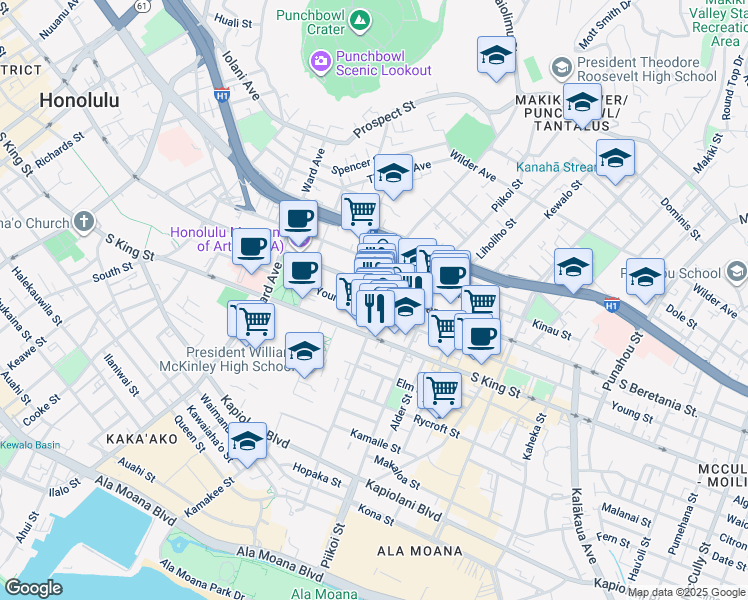map of restaurants, bars, coffee shops, grocery stores, and more near 1115 South Beretania Street in Honolulu
