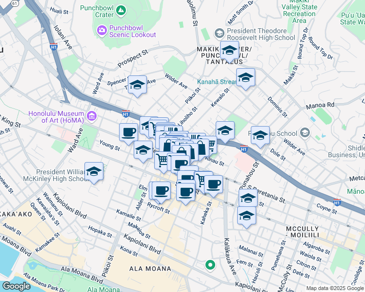 map of restaurants, bars, coffee shops, grocery stores, and more near 1309 Kinau Street in Honolulu