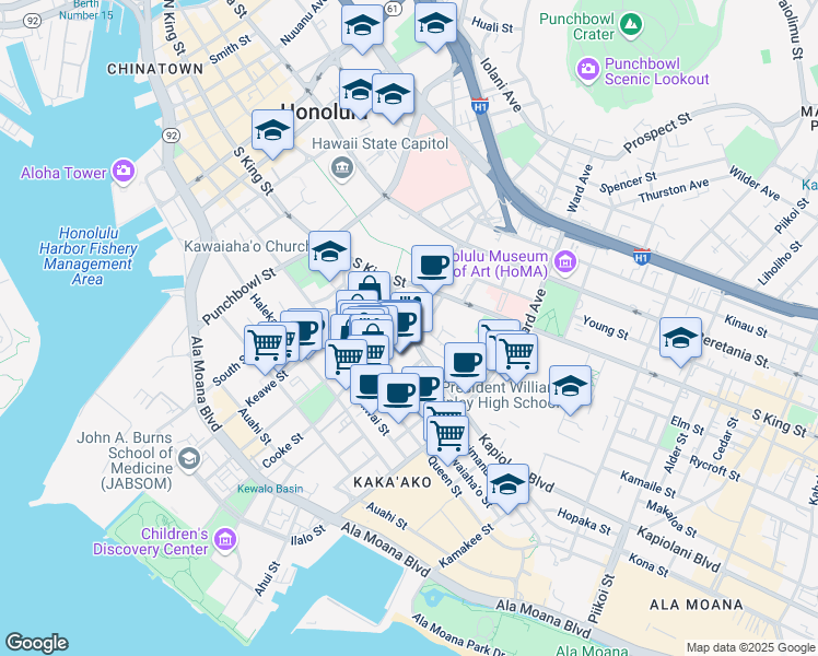 map of restaurants, bars, coffee shops, grocery stores, and more near 1406 Curtis Street in Honolulu