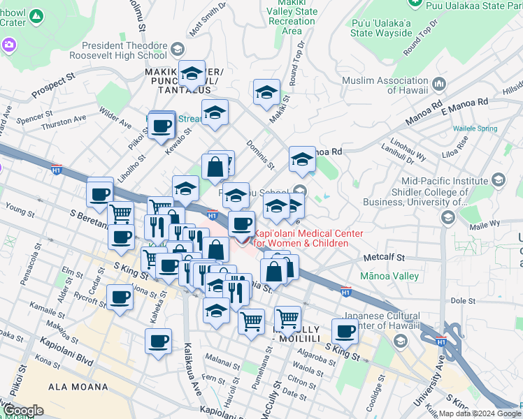 map of restaurants, bars, coffee shops, grocery stores, and more near 1603 Dole Street in Honolulu
