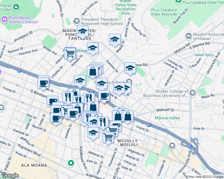 map of restaurants, bars, coffee shops, grocery stores, and more near 1603 Dole Street in Honolulu