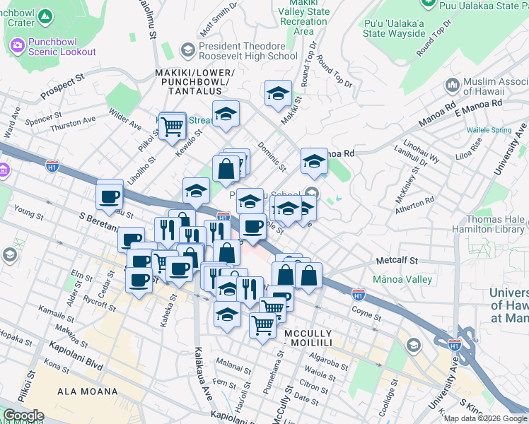 map of restaurants, bars, coffee shops, grocery stores, and more near 1511 Punahou Street in Honolulu